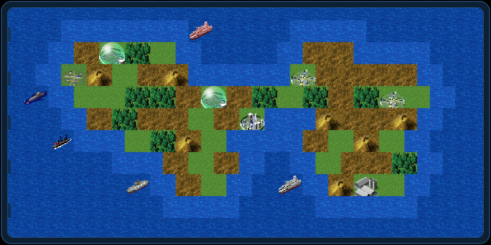 はこにわ大海戦の、島と艦隊が広がるゲームマップ